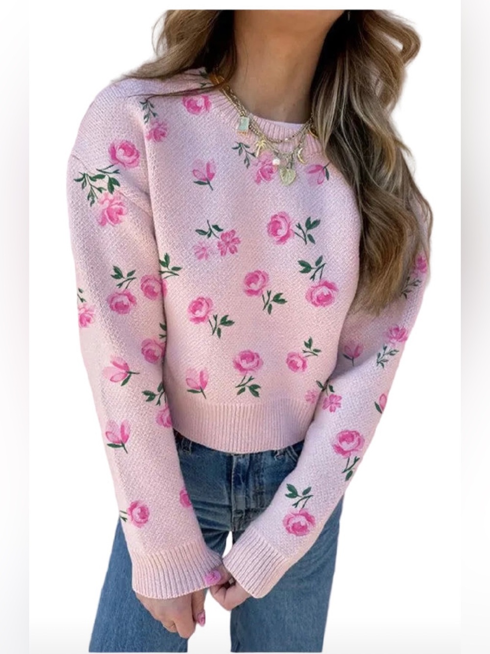 Pink Floral Crewneck Sweater